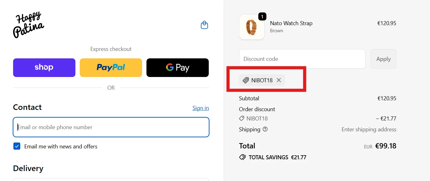 Happy Patina verified Coupon code NIBOT18